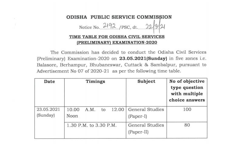 Odisha Civil Services (Preliminary) Exam 2020 date