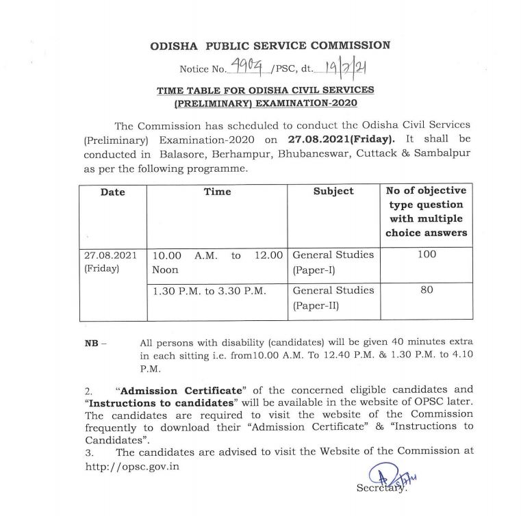 Odisha Civil Services (Prelim) Exam-2020