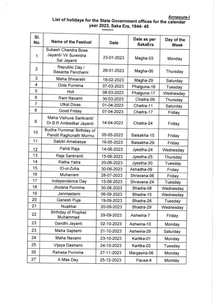 Holidays in 2023 Check Odisha Govt holiday list Update OdishaOdisha